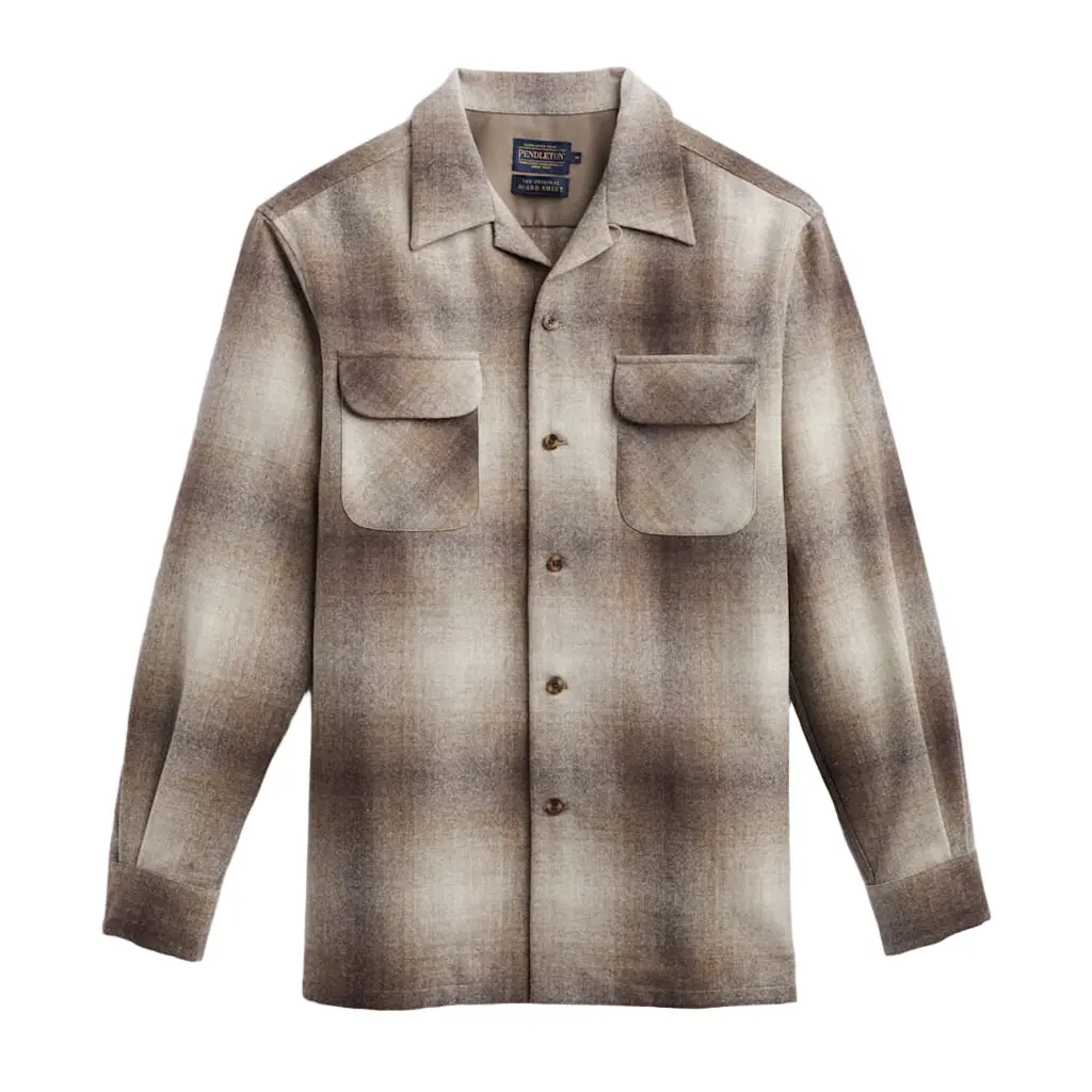 Pendleton Men's Board Shirt in Brown Ombre Plaid, a Casual Preppy Long Sleeve Top in Fitted Umatilla Wool with Pockets, Menswear