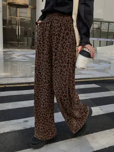 Women's Corduroy Wide-Leg, Leopard Print High-Waisted Loose Fit, Comfortable Fashion for Spring & Fall, Daily Wear, Casual Chic Bottoms