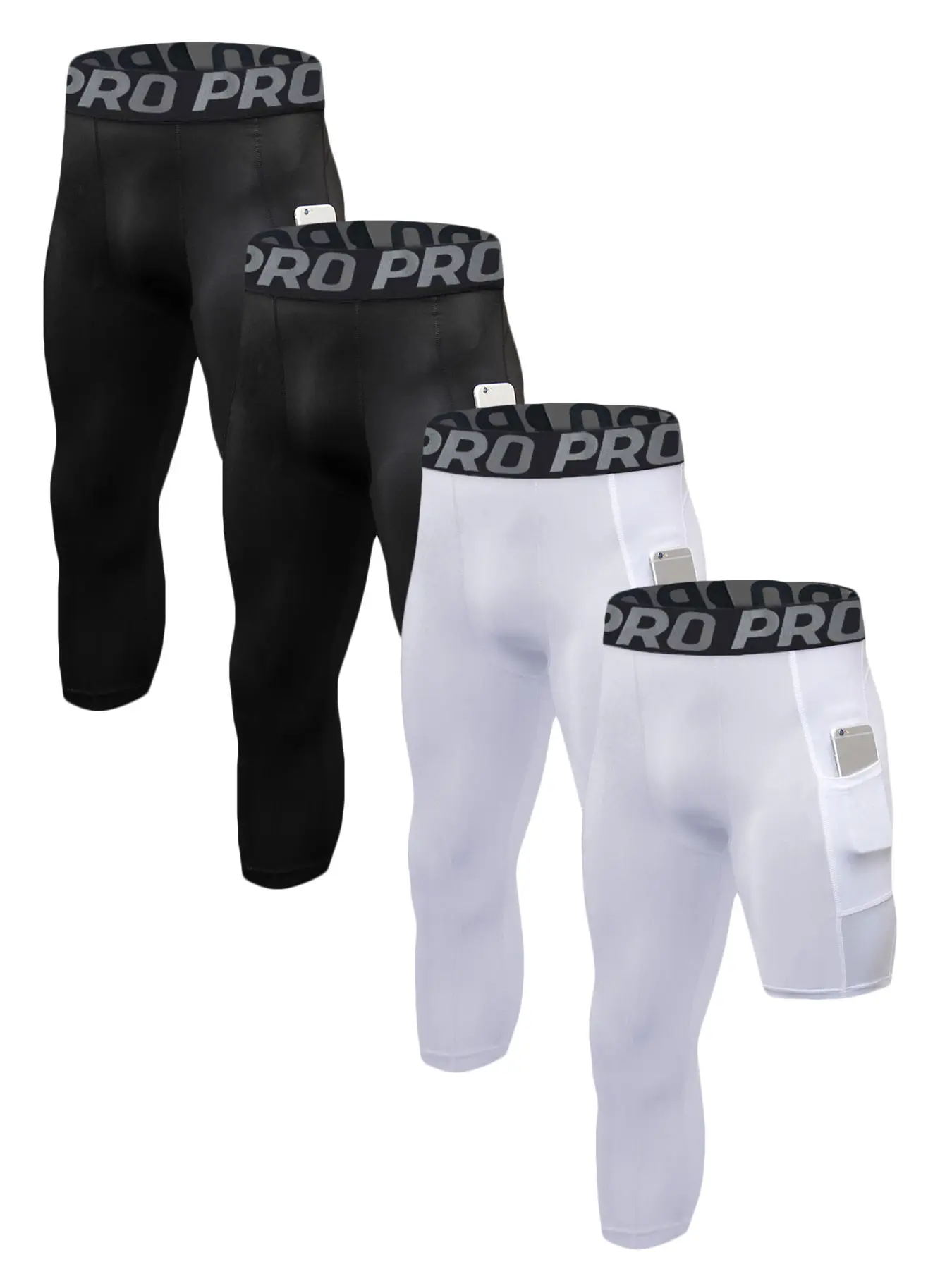 4 Pack Men's One Leg 3/4 Compression Pants Basketball & Running Tights Gym Workout Base Layer Bottoms Athletic Apparel Gym Exercise Activewear, Gym Running Wear