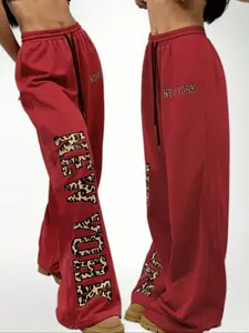 Women's Casual Sporty Pants, Leopard Letter Print Casual Drawstring Waist Loose Wide Leg, All Season Comfortable Women's Long Pants, Everyday, Womenswear