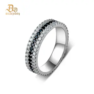 Delzzad Handmade Pave Ring Band Black and White Synthetic Moissanite S925 Christmas Gift