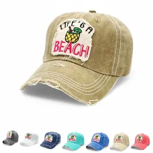 "Life's A Beach" Vintage Distressed Embroidered Baseball Cap For American - 100% Cotton, Breathable, Casual, Adjustable, UV Protection
