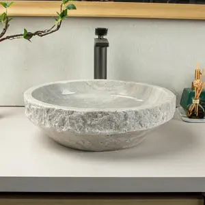 Hand Chiseled Stone Sink, Round Marble Sink - 100% Natural Stone Tray - Luxury Marble Bathroom Sink - Hand Carved Craftsmanship - 16 Inch Stone Vessel Sink
