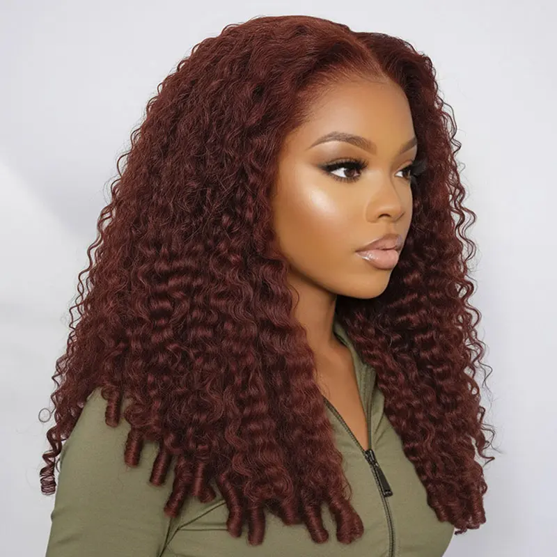 [Summer Sale] Wiggins Hair Glueless Reddish Brown Burmese Curly Ready To Go 7*5 Lace Closure Wigs Human Hair With Finger Coils With Adjustable Drawstring Pre Cut Lace Pre Plucked Hairline Beginner Friendly #weeklydeals #DealsForYouDays