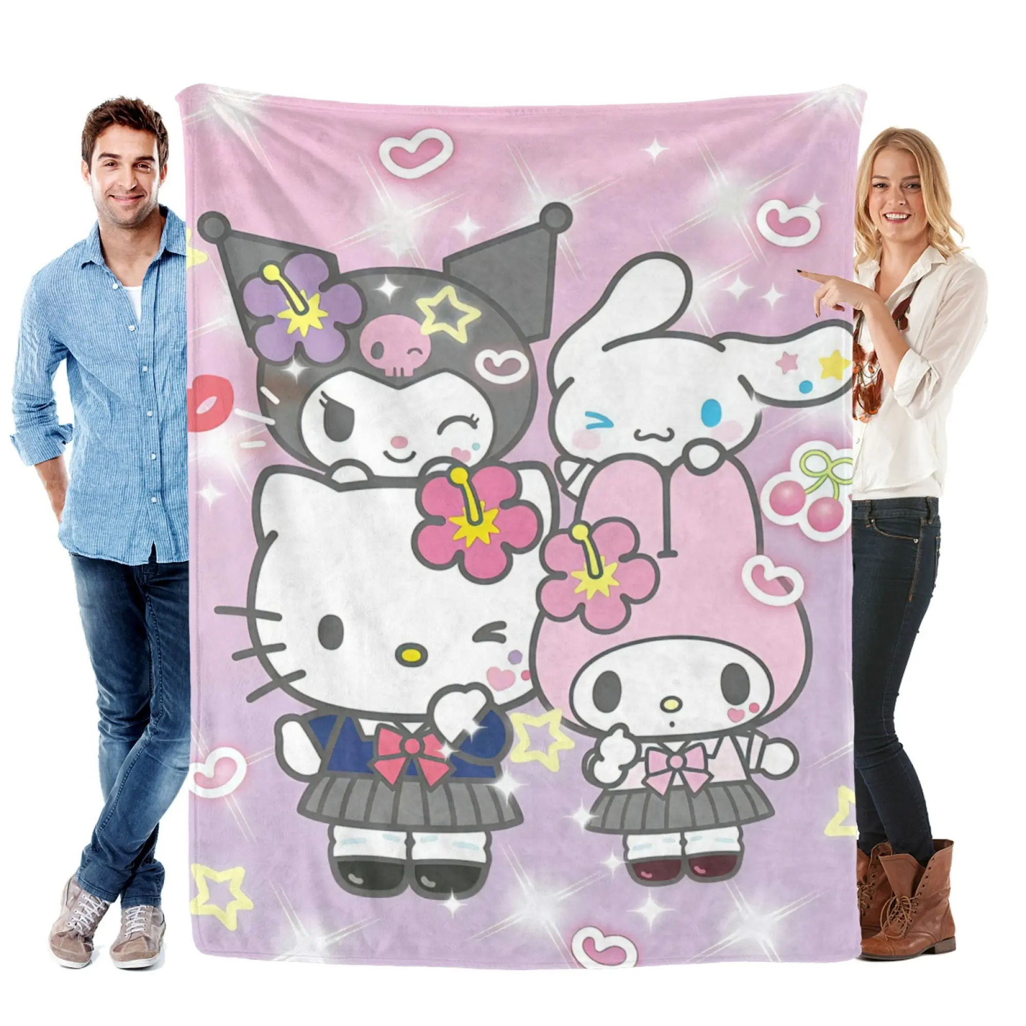 [SummerVibes] SANRIO Hello Kitty & Friends Y2K School Uniform Soft Flannel Blanket, Kawaii Kuromi Gyaru 2D Print Throw for Couch, Dorm Decor & Gifts