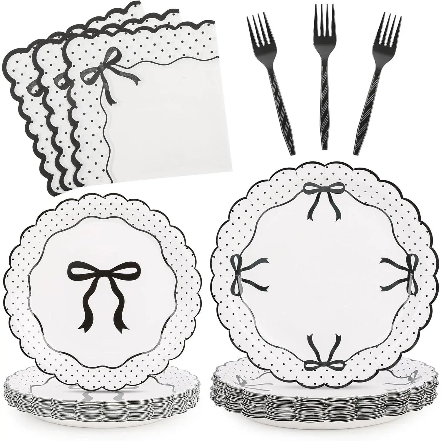 Thick Polka Dot Bow Accents Disposable Tableware Set (96 Pcs, Serves 24) - Black White Scalloped Edge Bow Plates, Napkins, Plastic Forks for Birthday Bash, Wedding Party Supplies