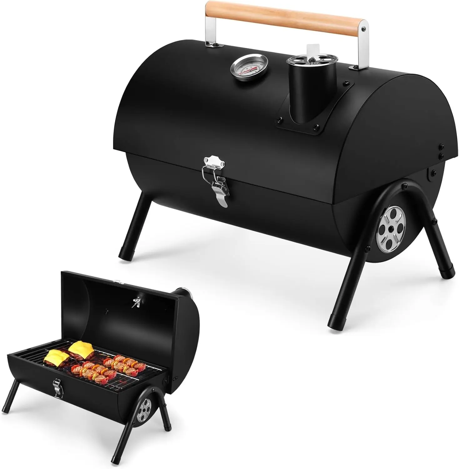 Portable Charcoal Grill with Thermometer - Sturdy Stainless Steel BBQ Grill with Rack, Small Tabletop Model for Outdoor Backyard Camping Cooking, Heavy-Duty, Innovative Design, Easy Assembly