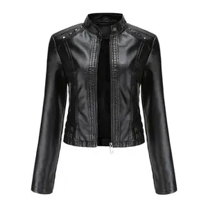 2025 New Women’s Fashion Studded Leather Jacket for Spring/Autumn, Long Sleeves, Stand Collar