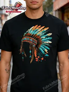 1pc Local American Indian Headdress Graphic T-Shirt for Men| Casual Tee with Feather Detail, Round Neck, Knit Fabric, Regular Fit, Sizes S-5XL, Ideal for Training & Outdoor Activities, Summer Top