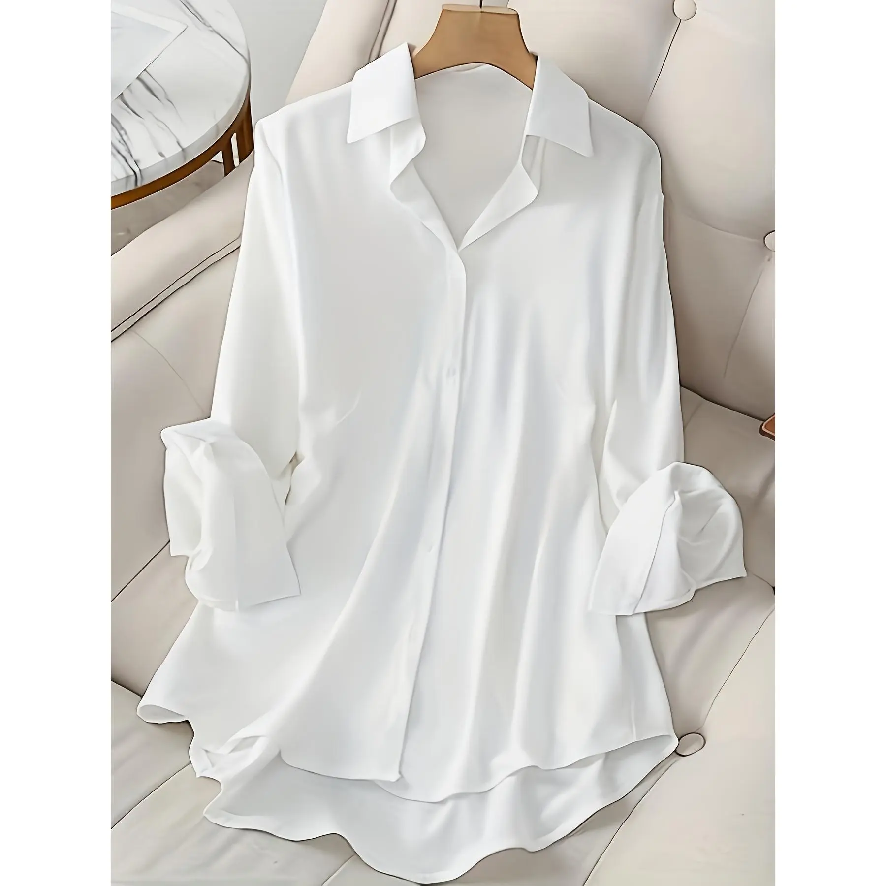 Plus Size Solid Color Long Shirt, Casual Versatile Long Sleeve Button Front Collared Shirt, Women's Plus Size Clothing