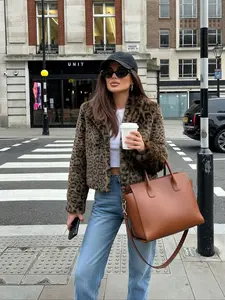 Women's Leopard Print Faux Fur Coat, Stand Collar Loose Fit Long Sleeve Jacket, Casual Fashion Outerwear for Fall & Winter