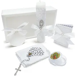 5 PCS White Baptism Candle Set for Boys Girls, Catholic Baptism Kit with Candle, Baptismal Towel, Shell, Rosary and Bible for Baby Dedication Christening Gift Velas para Bautizo Niño