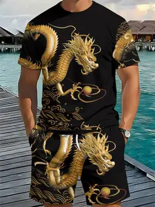 Men's 3D Digital Printing Two-Piece Chinese Style Set with Black-Gold Divine Dragon Pattern, 2Pcs, Vintage Fashion Outfit, Retro Casual Two-Piece Suit, Resort-Style Wear, Breathable Sports Casual Style, Perfect Festival Gift, Menswear