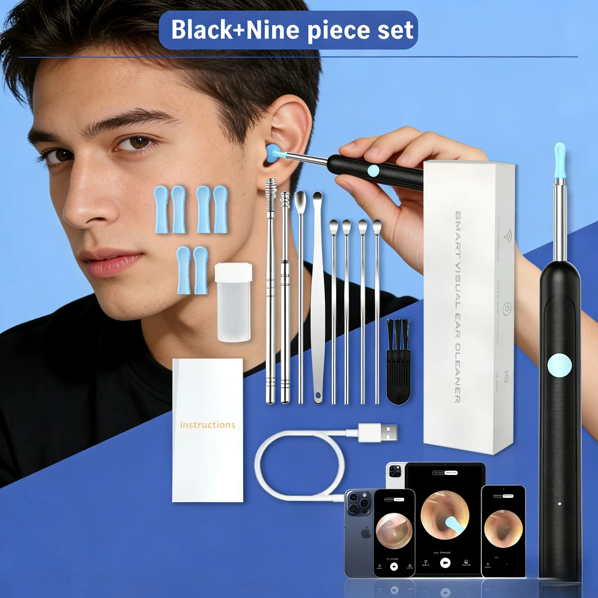 Ear Wax Removal, Ear Cleaning kit with 1296P Camera, Ear Camera, Earwax Remover Tool for iPhone, iPad & Android, Ear Cleaner Earwax Removal Kit Black removal tool set was toolkit earpick wax removal tool wireless clean battery dual power rechargeable usb