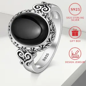 Elegant Black Agate Women's Ring - 925 Sterling Silvery, Hypoallergenic, Vintage Victorian Style with Heart & Vine Design, Perfect for Daily Wear or Gifting, Includes Gift Box