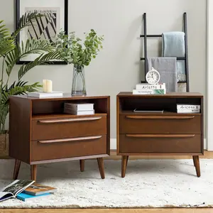HULALA HOME End Table with Charging Station, Mid-Century Modern 2 Drawer and Open Shelf, Fluted End Table(Walnut, Set of 2)