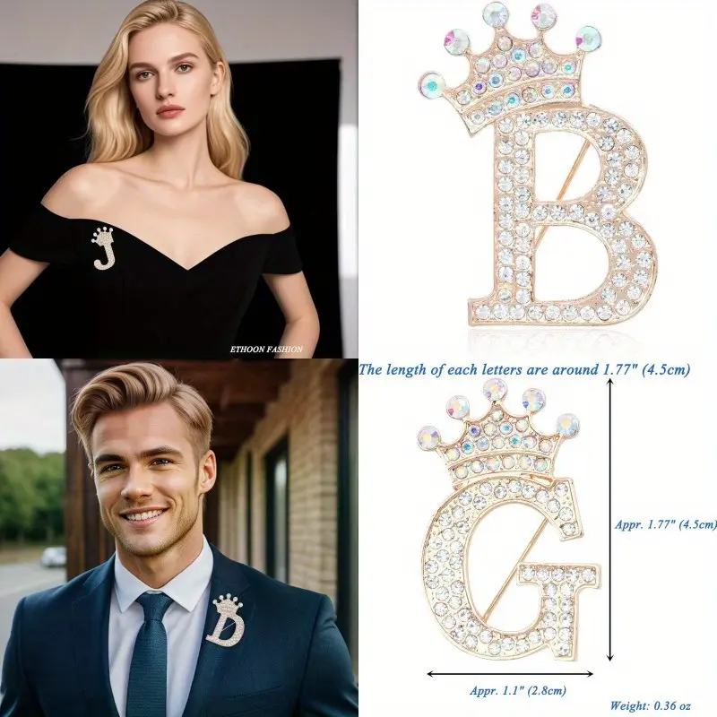 Personalized Initial Letter Crown Brooch Pins - Golden A-Z Design with Colorful Rhinestones, Bridal Fashion Accessory Jewelry for Women and Men