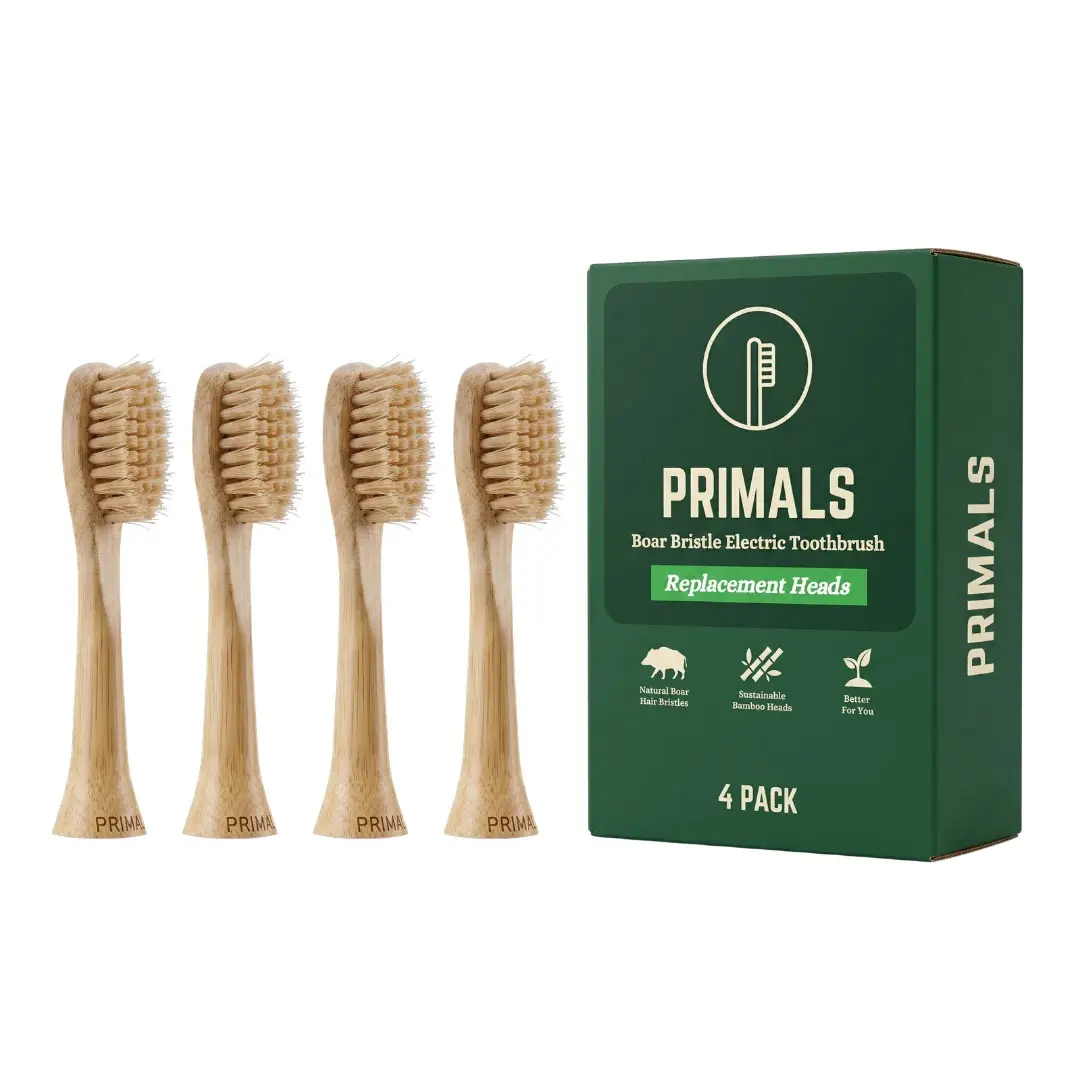 PRIMALS Boar Bristle Electric Toothbrush Replacement Heads (4-Pack) - Compatible with Philips Sonicare Click-On Handles - Bamboo Base - No Nylon Bristles for Daily Deep Oral Cleaning Platinum Sensitive
