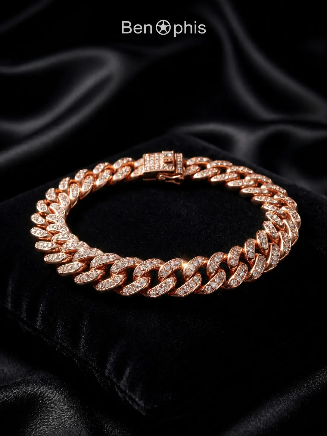 BenOphis cool-touch ice surface sparkling rose gold diamond Cuban link pet collar — fixed size design, metal alloy material, durable construction, safety chain buckle, suitable for cats and medium dogs for everyday walks and activities.