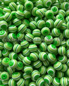 12mm Green/White Striped Beads, Round, Loose, 0.47 inches, Chunky, Gumball