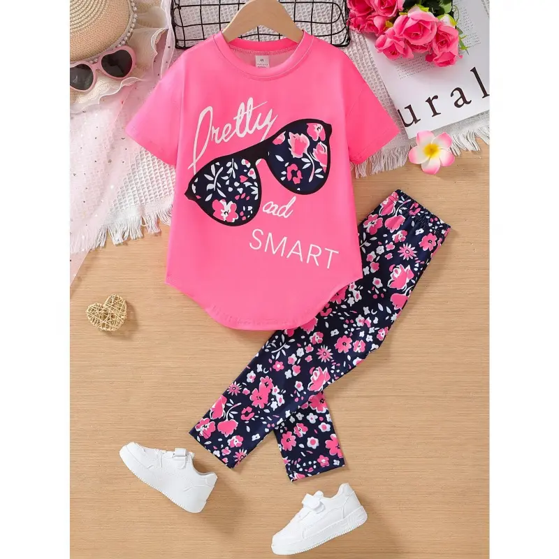 [2pcs Girls' Party] 2pcs Girls' Party Outfit |       Graphic Tee with Glasses Print & Floral Print Leggings |       Perfect for Easter & Summer Celebrations, Casual Party Attire, Playful Print Top, Stretchy Fabric