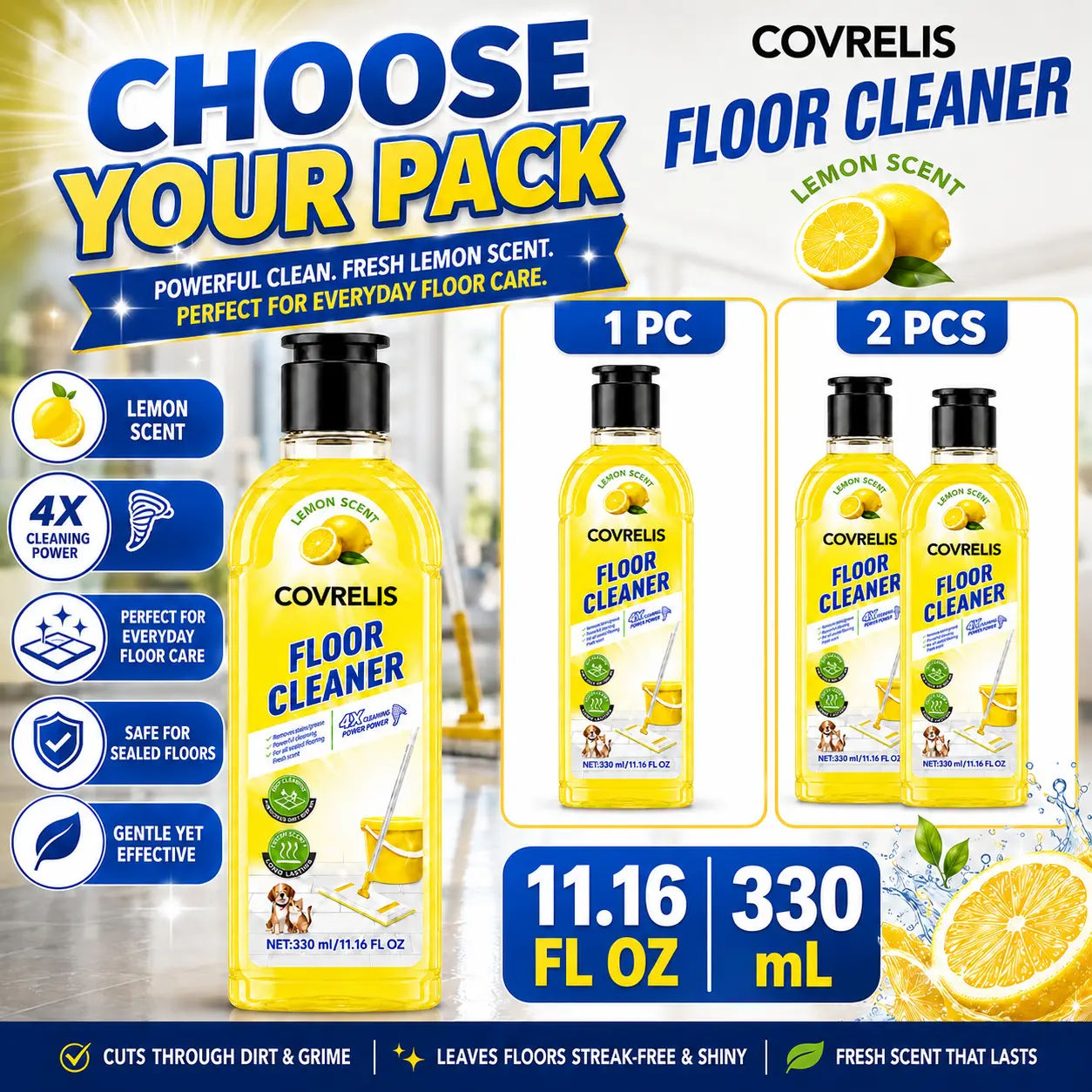 COVRELIS Lemon Floor Cleaner, Deep Clean Floor Cleaner, Magic Streak-Free Floor Cleaner | Fast-Drying Deep Cleaning Solution for Hardwood, Tile, Laminate, and Vinyl Floors, Pet-Friendly & Fresh Scent, floor cleaner for mopping、pet urine floor cleaner、non-