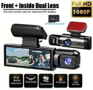 Hikity Front & Rear Wired Dashcam for Cars, Dual-Camera Car Driving Recorder G-Sensor, 3.16 in IPS Screen, 1080P HD, Memory Card, Father's Day Gift