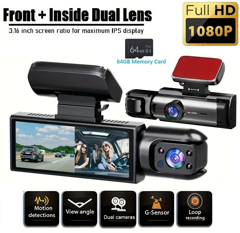 Hikity Front & Rear Wired Dashcam for Cars, Dual-Camera Car Driving Recorder G-Sensor, 3.16 in IPS Screen, 1080P HD, Memory Card, Father's Day Gift