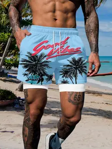 Men's Quick-Dry Beach Shorts, Two-Layer Fitted Swim Trunks, Drawstring Waist, Casual Summer Wear, Good Vibes Coconut Tree Turtle Design