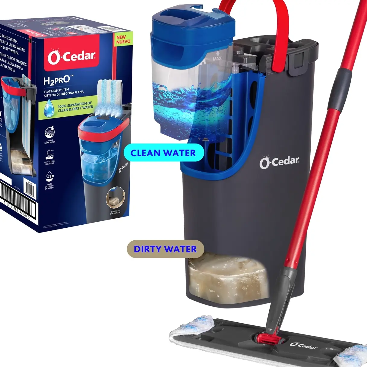 O-Cedar H2prO™ Flat Mop System with Dual Tank Design and Reusable Microfiber Pads