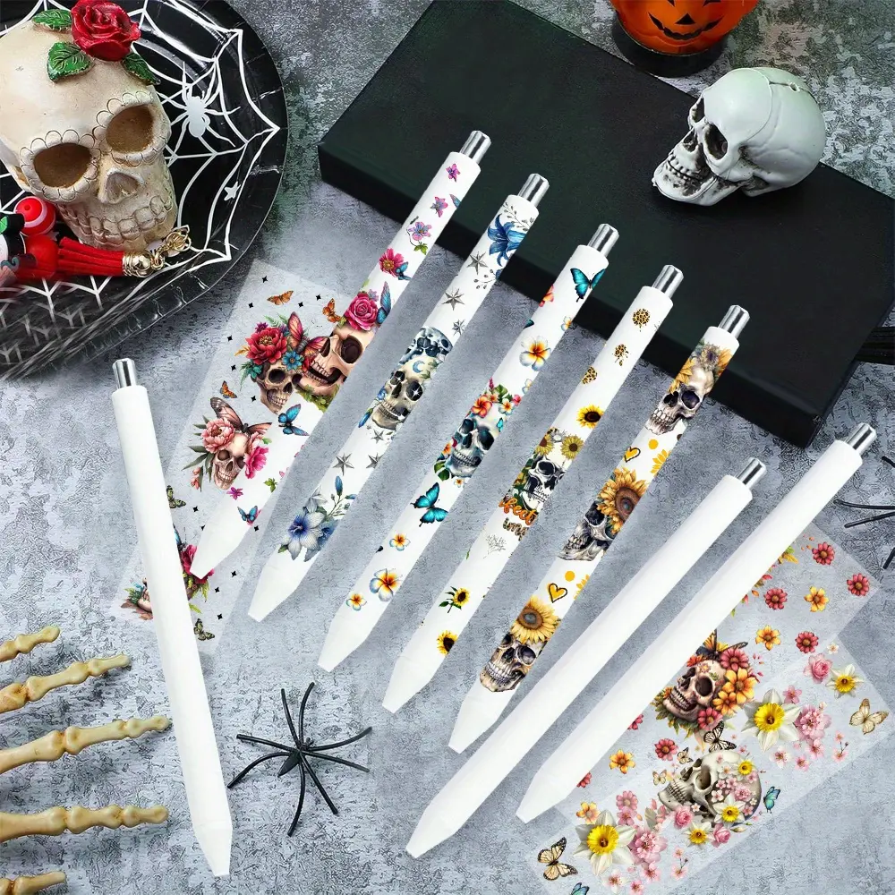 16pcs/32pcs Gothic Skull UV DTF Pen Wraps & Pen Set, for Girls Women Goth Lovers Halloween Office School Supplies Waterproof Durable Sticker Vinyl Decal