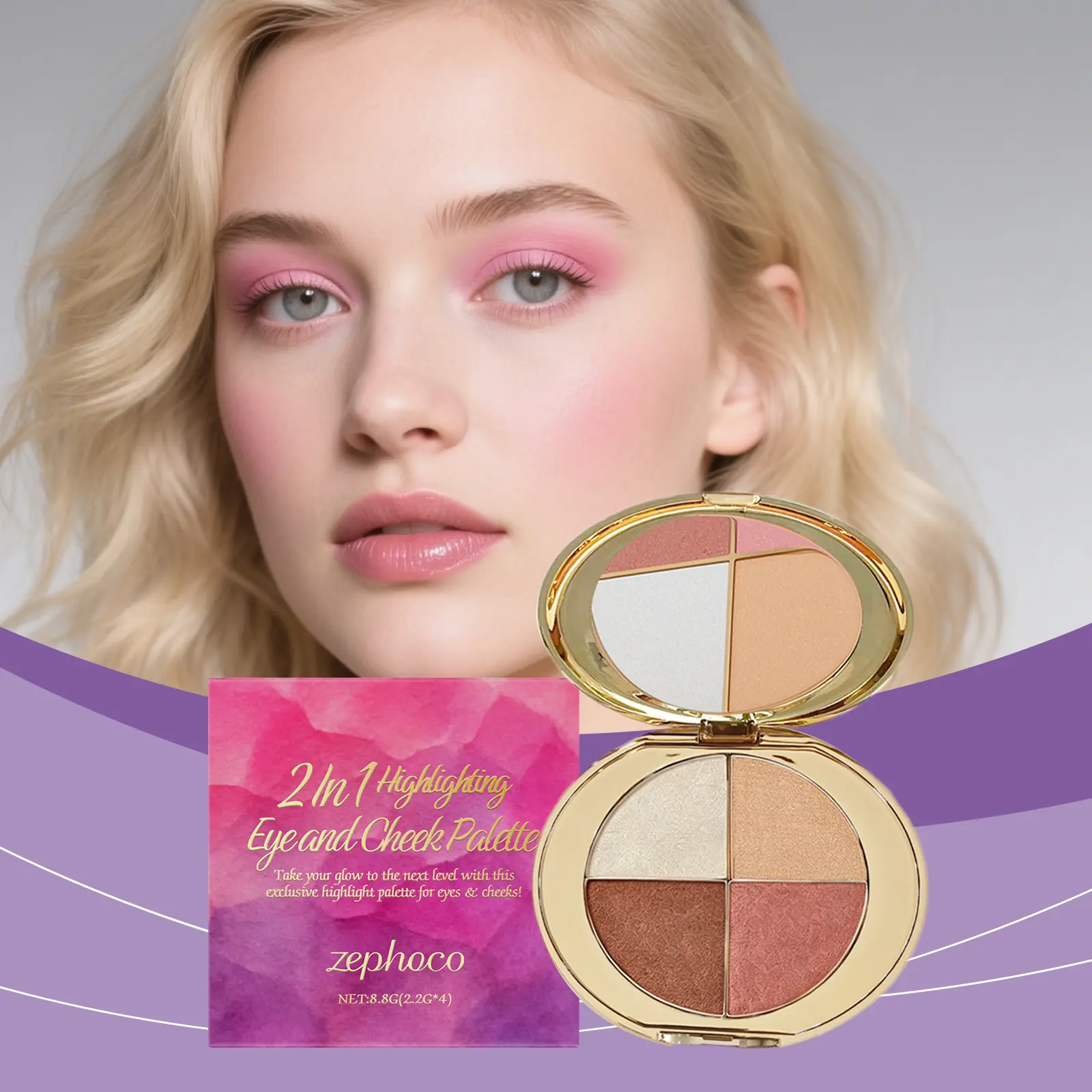 Eye & Cheek Makeup Powder Palette - Non-Toxic Facial Makeup, Easy Everyday Eyeshadow & Blush, Soft Glowy Glossy Finish, Blendable with Brush for Quick Natural Lid Looks cosmetic highlighter Everyday Versatile Makeup Face Time Palette