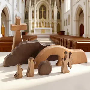 Wooden Nativity Set The Empty Tomb Easter Scene Christian Cross Religious Jesus Tomb Easter Decor Kit Display for Home Tabletop Office
