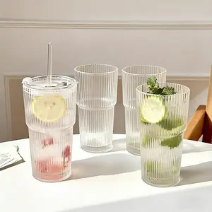 Sturdy Ribbed Stylish 18oz (540ml) 2-Pack Large Capacity Straw Glass Tumbler, Reusable Coffee Drink Cup for Daily Use