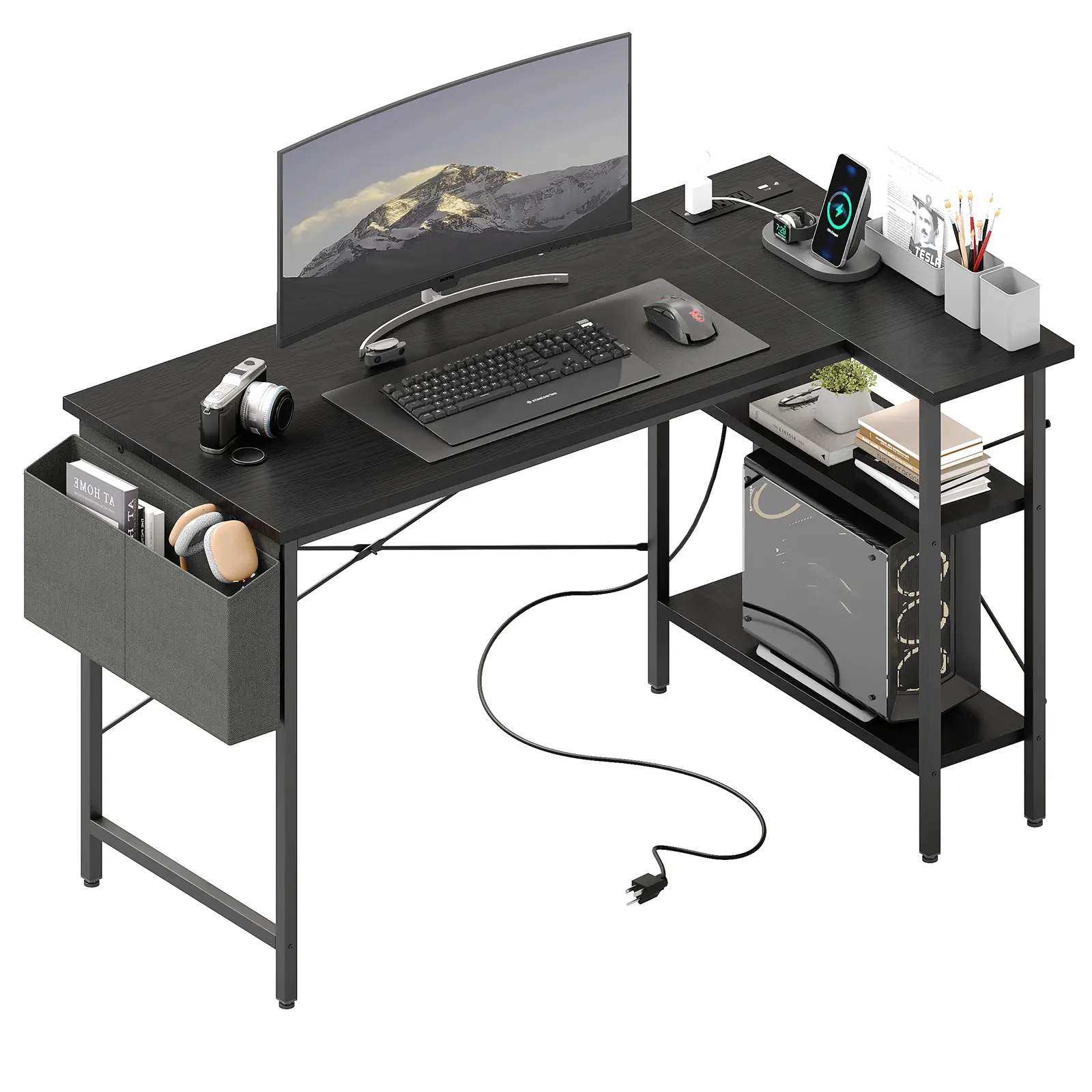 Sweetcrispy Sturdy Ergonomic Gaming Desk - Hybrid PC Table with Steel Frame, Particle Board, Built-In 3AC+2USB+1Type-C Power Strip, LED Strip, Reversible Storage Shelves for Home Office Use & Gaming Desk Setup