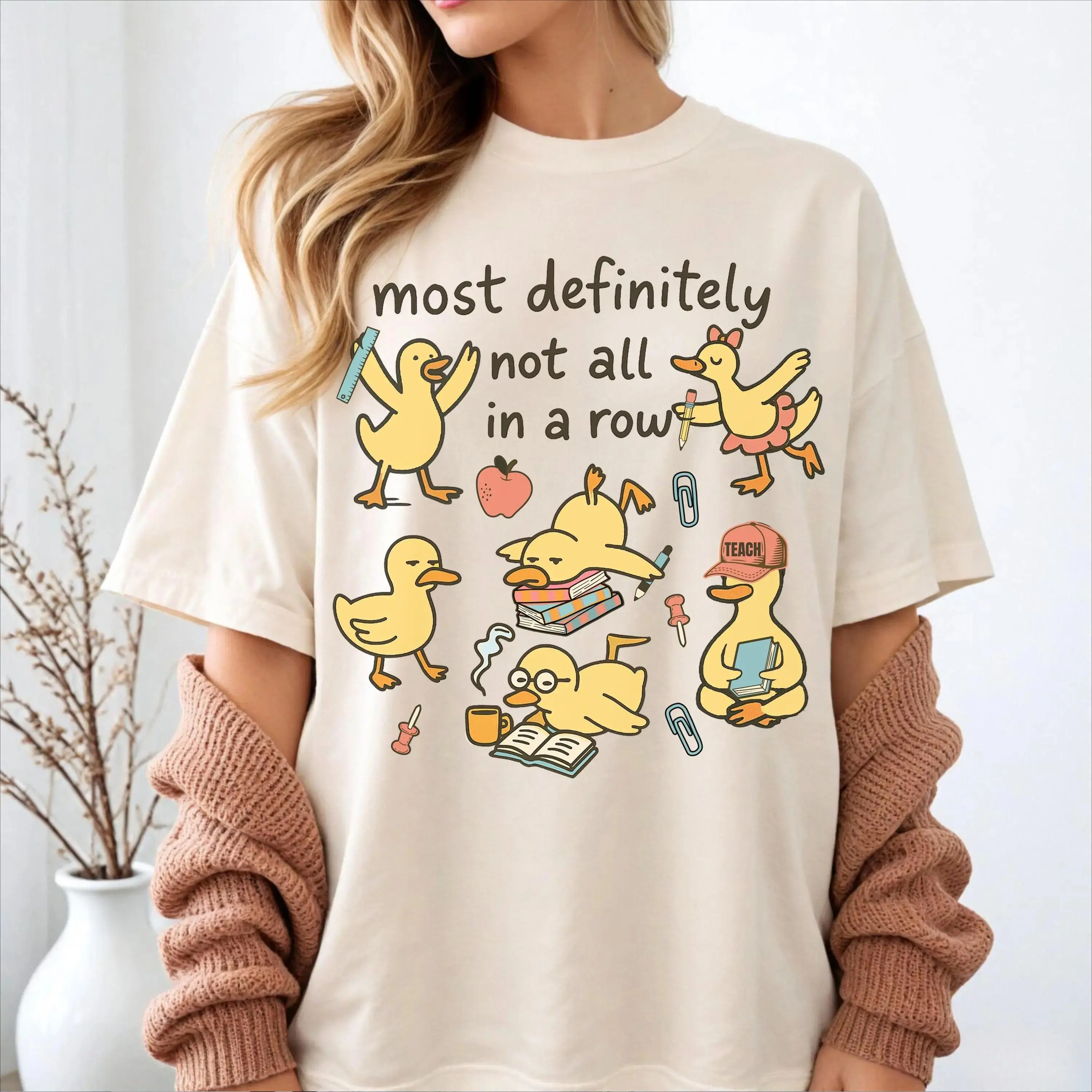 Vintage Oversized Graphic Tee, Most Definitely Not All In A Row Funny Teacher Duck T-Shirt, Retro Cute School Ducks Top for Women, Trendy Teacher Life Shirt, Apparel, Gift for Educators, Daily Outfit