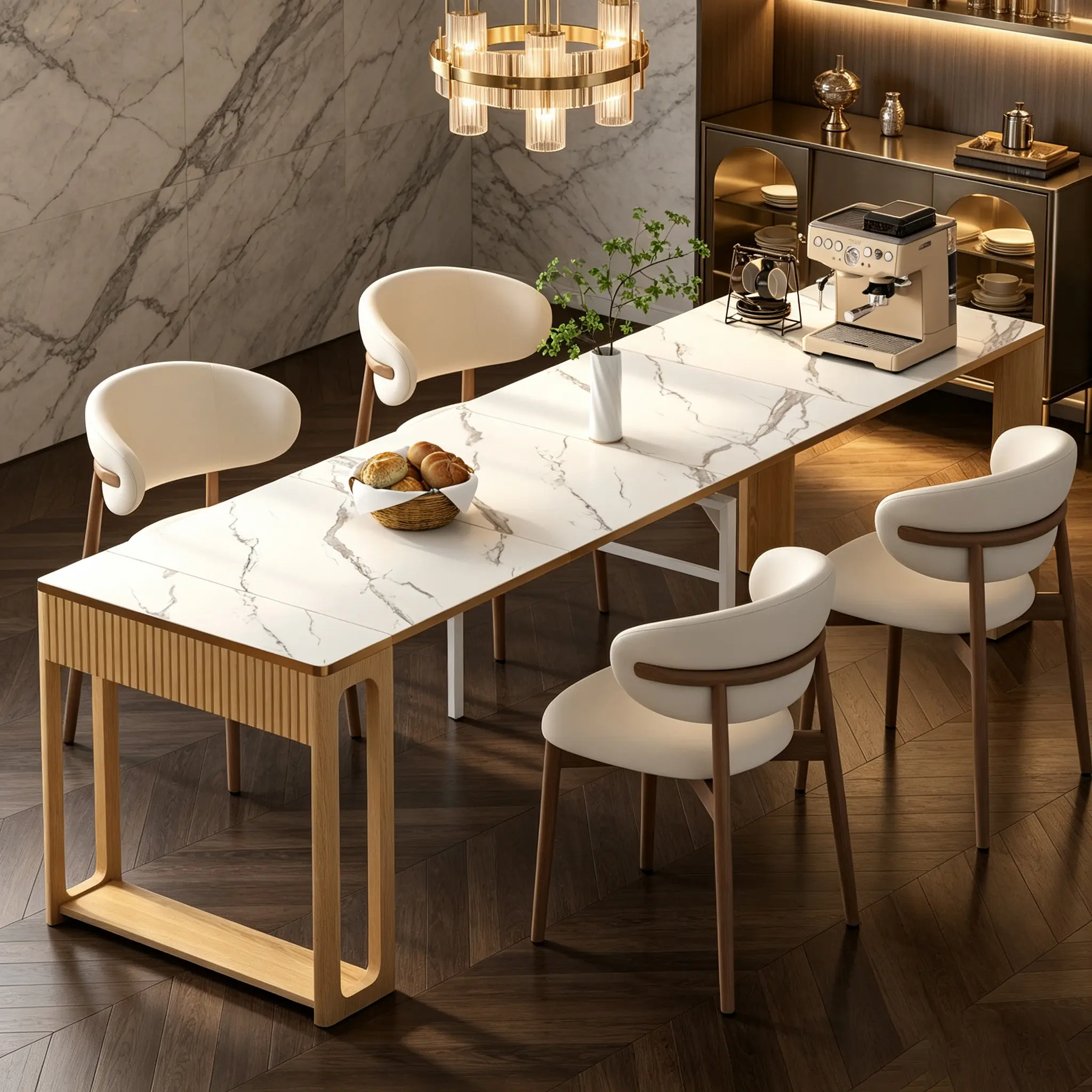 Gyfimoie Extendable Dining Table with Fluted Design, 17"-112" Space Saving Folding Faux Marble Dinner Table Seats 2-8 People, White Wood Kitchen Dining Room Furniture Without Chairs