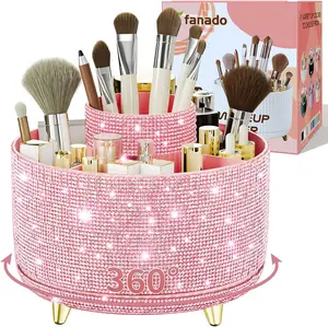 Bling Diamond Makeup Brush Holder, 360° Rotating Organizer for 5 Slot Makeup Brushes, Storage for Cosmetics & Eyeliner & Skincare on the Vanity