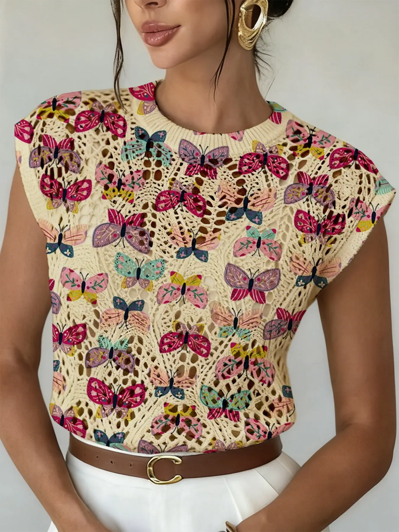 Spring Summer Elegant Women's Butterfly Animal Pattern Colorblock Print Round Neck Sweater, Casual Loose Fit Knit Top for All Seasons Knitwear Womenswear