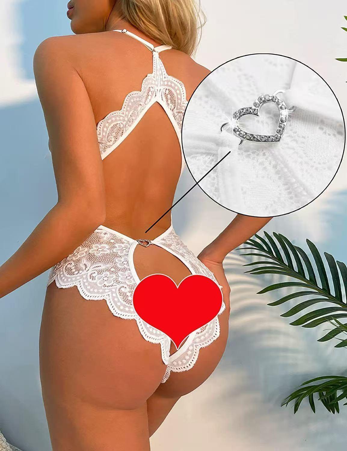 Women's Sexy Lace Mesh Teddy Bodysuit, Deep V Halter Open Back Lingerie Jumpsuit, Floral Lace Crotchless Nightwear, Perfect for Date Night & Daily Wear, Bold Confident Style