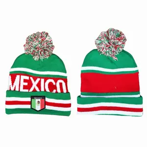 Green Beanie of Mexico Unisex with Red and White Stripes and Pom Pom for Men and Women