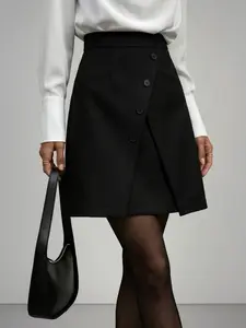 Women's Asymmetrical Midi Skirt, Slant Button Design, Casual Style, Slim-Fitting, Plain Pattern, Suitable for All Seasons, Office & Leisure