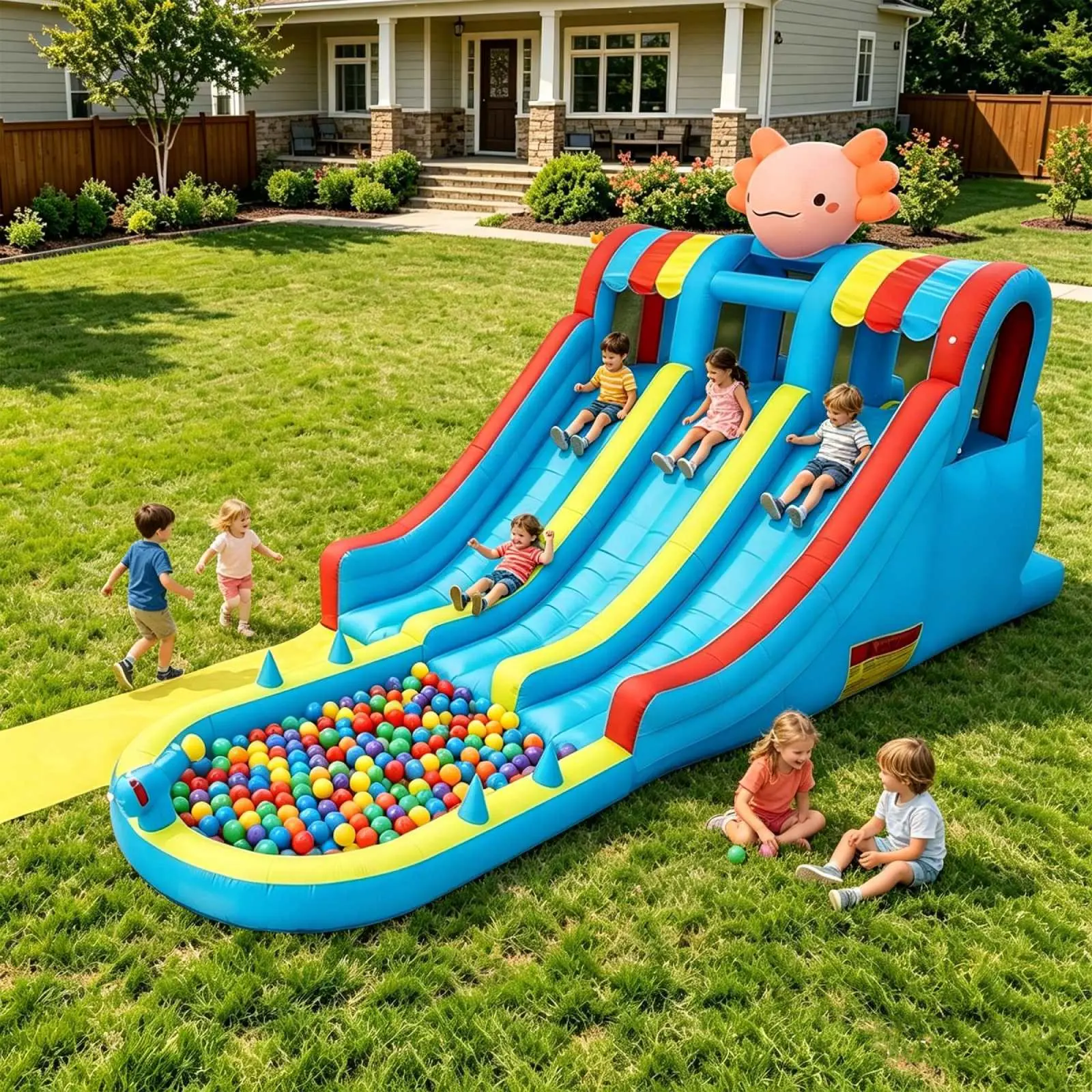 Inflatable Water Park Bounce House with Dual Slides, Splash Pool & Blower, Dragon Theme for Kids