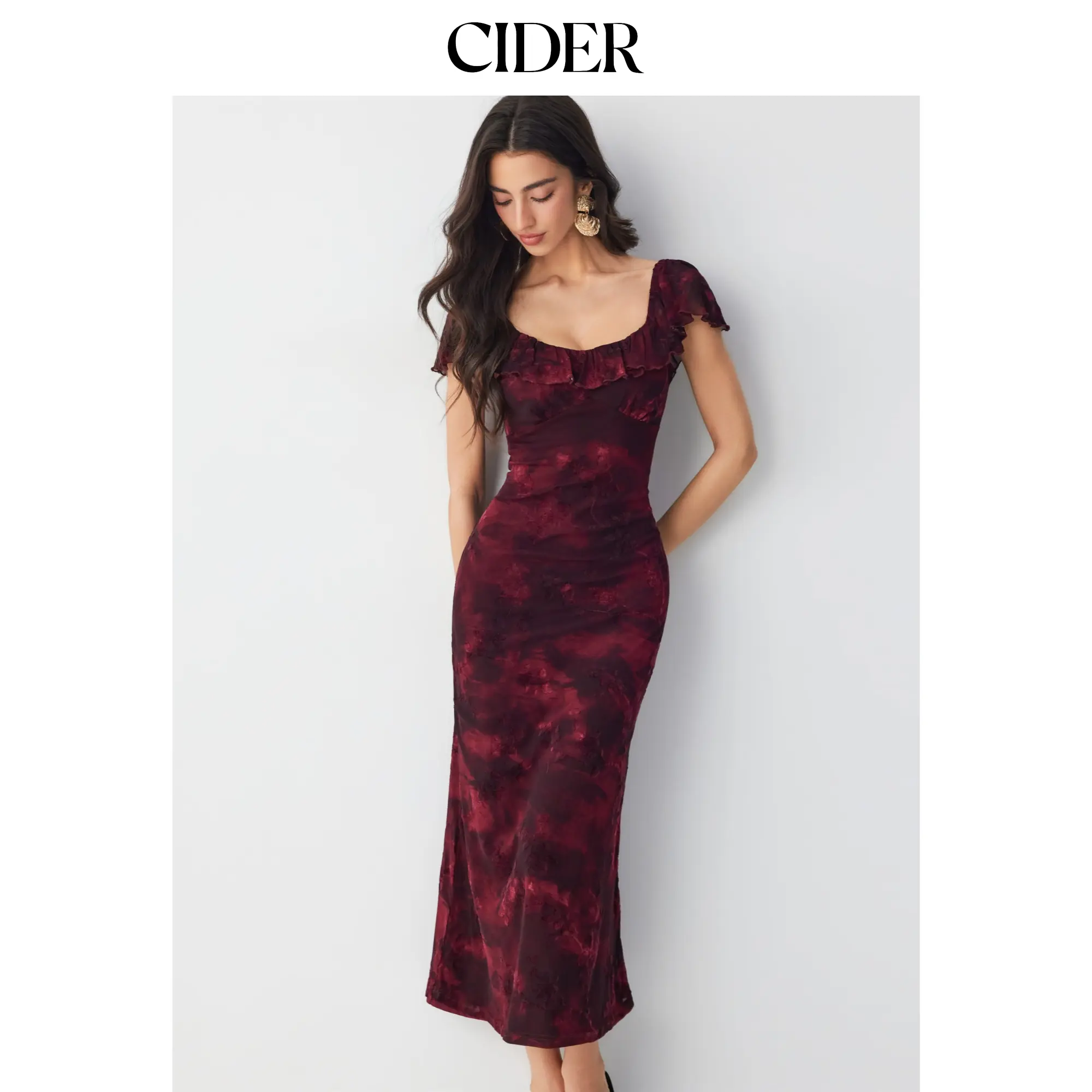 Cider Mesh Flocking Floral Graphic Square Neck Ruffled Mermaid Maxi Dress