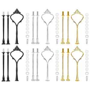 6 Packs Cake Tier Stacking Kit, 3 Tier Stand with Crown Type Cake Tray, Fruit Tray & Silicon Molds Tiered Tray Hardware Kits (2 Gold, 2 Silver, 2 Black)