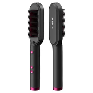 Hair-Friendly Straightening Comb Magic Negative Ion Straightener Dual-Use Curling and Straightening 2-in-1 Electric Heating Comb Straightening Brush Mkd370 Black [Us Standard]