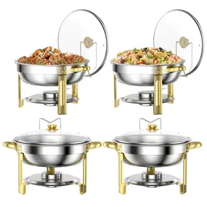 Total Tok Exclusive: TINANA 4-Pack Gold Chafing Dish Set – 5QT Round Stainless Steel Warmers with Glass Lids & Holders for Parties & Weddings