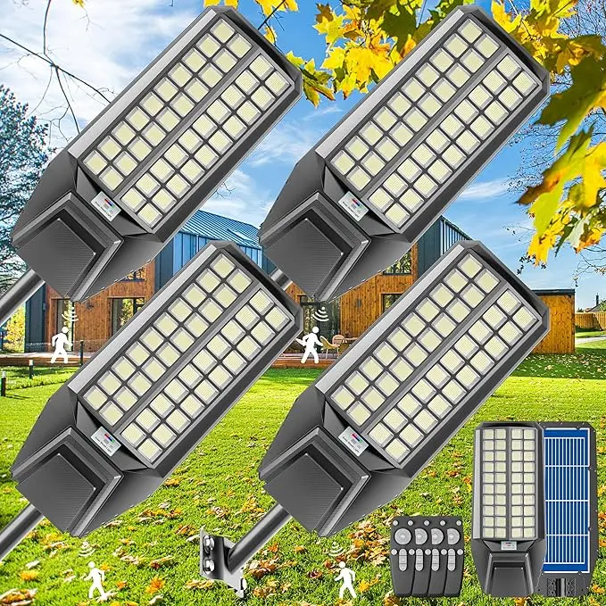4 pcs 8000W Solar Street Light, Bright LED Security Solar Flood Light with Motion Sensor & Dusk to Dawn, IP67 Waterproof Commercial Lights Outdoor for Outside, Parking Lot, Street, Yard,