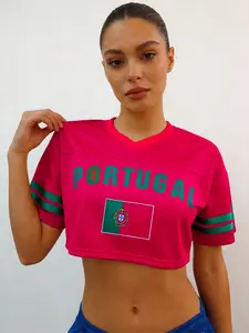 Women's Portugal Cropped Football Jersey, Red V-Neck Mesh Crop Top, Portuguese National Team Soccer Fan Shirt for Game Day & Streetwear