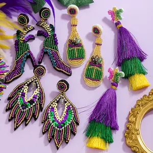 Mardi Gras Beaded Drop & Dangle Earrings - Handcrafted Boho Style Tassel Earrings with Rhinestones, Stainless Steel Posts, Perfect for Festival Celebrations and Daily Wear, Gift for Family and Friends